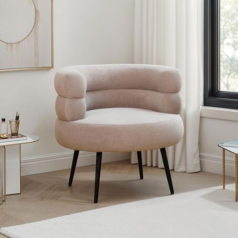 M&S – Fauteuil vintage en tissu taupe – Piétement acier noir – Dimensions 77x75x75cm – Hauteur d'assise 50cm – Profondeur d'assise 56cm