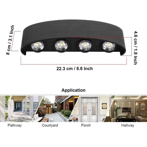 Applique murale LED moderne, luminaire étanche aluminium gris, éclairage up-down 8W blanc, lampe extérieure et intérieure pour salle de bain, projecteur mural double sens. (1/3)