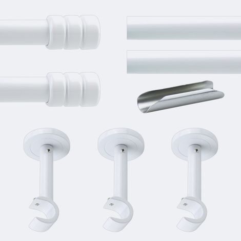 Kit de tringle à rideaux Blanc 300cm Diam.20mm Embout Cylindre 2ST - Fixation Mur - Boulet (1/3)