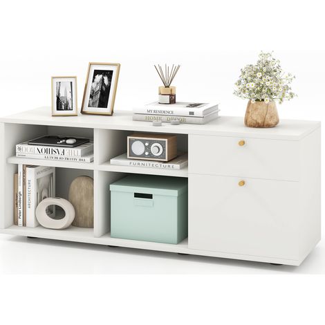 Commode avec 2 Tiroirs, 4 Cubes, 108 x 39 x 50 cm, Pieds Réglables, Vitrine Basse Autoportante, Meuble Console, pour Bureau, Salon, Chambre, Blanc (1/5)