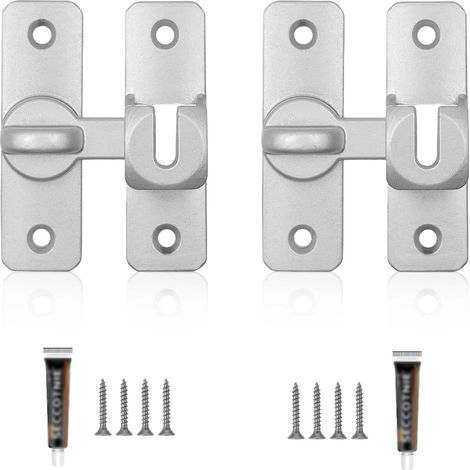 2 Paires Verrou Porte Coulissante,  Fermeture Porte 90°/180°, Loquet Porte Coulissante Noir, avec Vis et Colle Sans Clou, pour Salle de Bain, Balcon, Chambre à Coucher