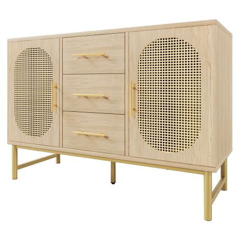 Commode/buffet en rotin avec 3 tiroirs et 2 portes en rotin, coiffeuse/meuble coiffeuse, pour chambre et salon, étagères réglables, dispositif anti-basculement