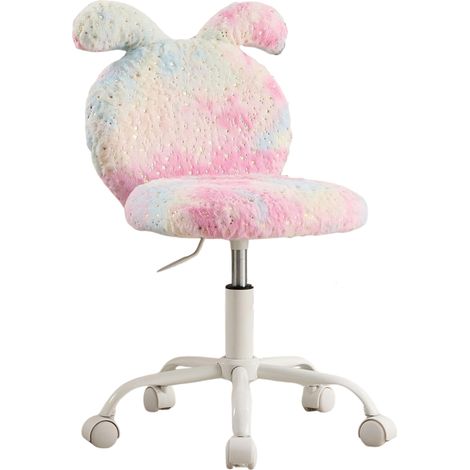 Wahson Kids Desk Chair Faux Fur, Swivel Study Task Chair with Cute Bunny Ears Adjustable Height for Kids/Teens, Pink
