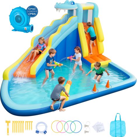 VEVOR Chateau Gonflable, Aire de Jeux Gonflable Exterieur avec Souffleur, Toboggan Aquatique, Lancer deAnneaux, Piscine, Canon a Eau, pour 3 a 4 Enfants de 3 a 8 Ans, Theme Crocodile, 353x400x235 cm (1/5)