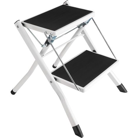 Escabeau pliant 2 marches Acier et ABS Antidérapant avec plateau porte-outils blanc compact 120kg (1/5)