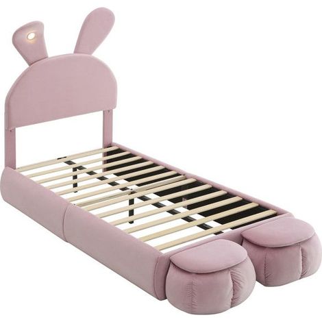 Lit enfant - Oreilles de lapin - Velours rose - 90x200 cm - LED réglable - Rangement inclus (1/5)