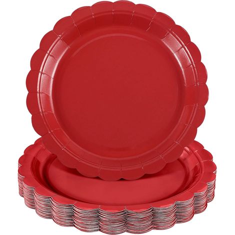 Assiettes en carton - 30 pièces - Papier rouge - Bord festonné - Résistant huile et eau - 22,9 cm (1/5)