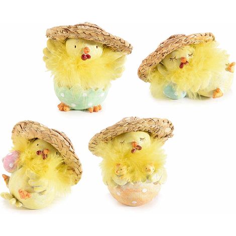 Pulcini decorativi di Pasqua in resina colorata con cappello in paglia e piume, set da 4 pezzi, cm 8 x 6 x 8,5 H