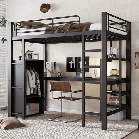 Letto a castello 90x200 cm nero in metallo con scrivania e armadio (1/5)