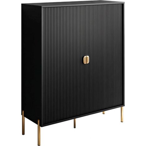 Credenza Mobile Contenitore 2 Ante Cannettate E Piedini Oro Madia Moderna con Ripiani Interni E Chiusura Soft Close Per Soggiorno Salotto E Ingresso 103.6 x 124 x 39.6 Cm Nero