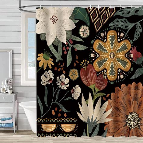 rideau De Douche Minimaliste Motif Abstrait De Feuilles - 180180cm (motif Sur Fond Noir), Rideau De Douche En Polyester Lavable En Machine Avec (1/5)