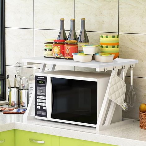 1 Support four micro-ondes, étagère extensible, acier au carbone, 3 crochets, cuisine, rangement