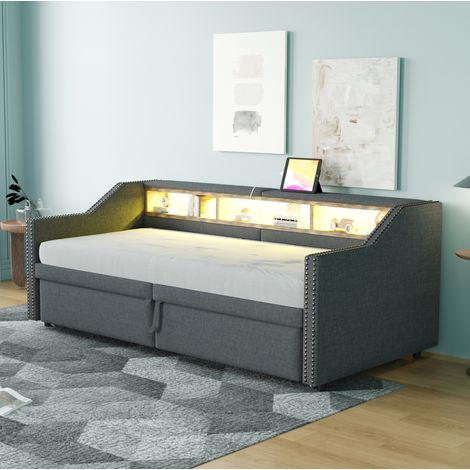 Divano letto estraibile 90/180x200 cm grigio scuro in lino con LED, USB e vani portaoggetti (1/5)