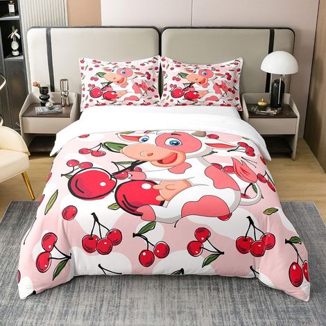 Vache 100% Coton Housse de Couette 140x200cm Enfants Lait Vache Cerise garçon Fille Adolescent Dessin animé Ferme Animaux Literie Set Fruits Ensemble de lit Rose Ensemble de Literie - 140 x 200 cm + 1 (1/5)