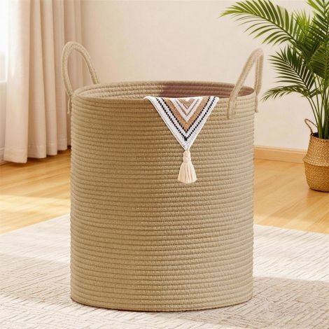 Wäschekorb 88L geflochten mit Baumwollhenkel, Boho Stil, rund (1/5)