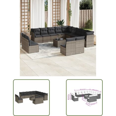 The Living Store 14-tlg. Garten-Sofagarnitur mit Kissen Grau Poly Rattan - Gartenmöbel - Rattan Möbel - Gartenset - Esstisch Set - Lounge Sofa (1/3)