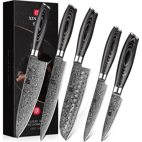 5 Piece Kitchen Knives Damascus Steel Chef Knife Santoku Slicing Knife All Purpose Fruit Knives with Pakka Wood Handle (1/5)