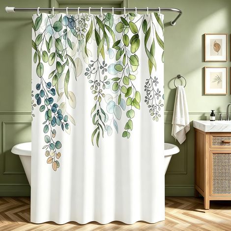 Rideau de douche 240 x 200 cm, motif feuilles vertes, anti-moisissure, ourlet lesté, imperméable, lavable, en tissu polyester, avec œillets et 14 anneaux de rideau de douche, pour salle de (1/5)