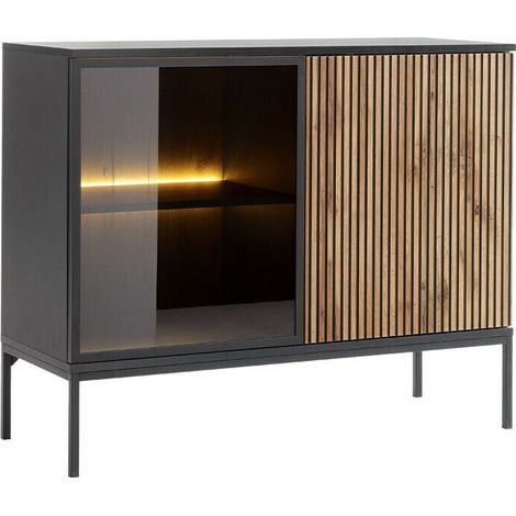 Aparador Manal, Negro + Roble wotan, 83x104cm, Número de puertas: 039cm, Vidrio, Aglomerado laminado