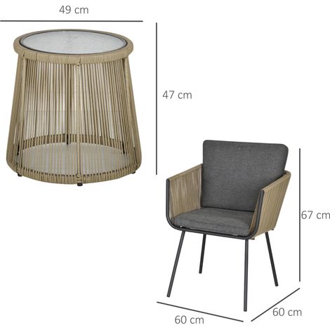Ensemble de deux fauteuils d'extérieur et d'une table basse en rotin PE, style bohème, kaki et gris. (1/5)