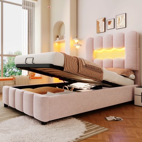 Cama con Arcón 90×200 cm, Cama Individual con LED Multicolor, Arcón Hidráulico y Cabecero Regulable, sin Colchón, Terciopelo, Rosa (1/5)