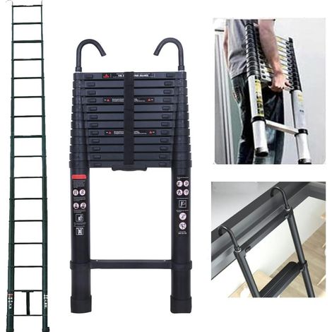 échelle rétractable de 3,2 mètres avec 2 crochets, échelle de grenier robuste en alliage d'aluminium, échelle multifonction, niveau 11, portant 150 kg, conforme à la norme EN131, noir, 3,2 mètres-alli