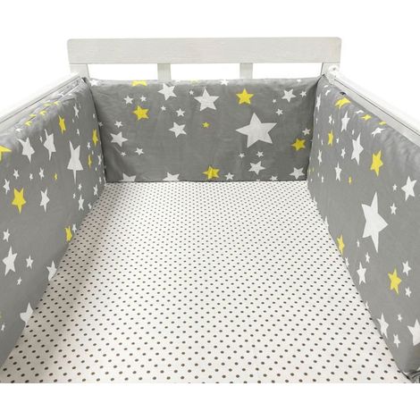 Tour de lit bébé, barrière de lit en coton pour nouveau-né, rabat tressé, berceau bébé - Étoile blanche jaune - (1/5)