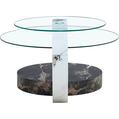 Table basse moderne minimaliste à deux niveaux en verre sécurit avec structure MDF effet marbre noir et blanc (1/5)