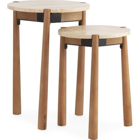 Table d'appoint ronde en travertin et bois - naturel et noir (1/5)