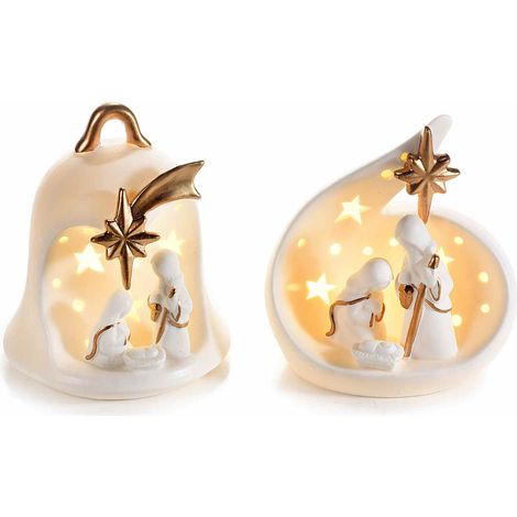 Presepe Sacra Famiglia in ceramica bianca con dettagli oro e luce LED, set da 2 pezzi, Ø 11 cm x 12,5 H
