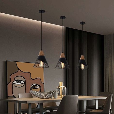 VURAHOME -3pcs Suspension Luminaire Vintage,Bois Métal design Lampe Plafonnier Industrielle en Luminaires Suspension 27 Applique d'Eclairage pour salle à manger Cuisine,Noir (1/4)