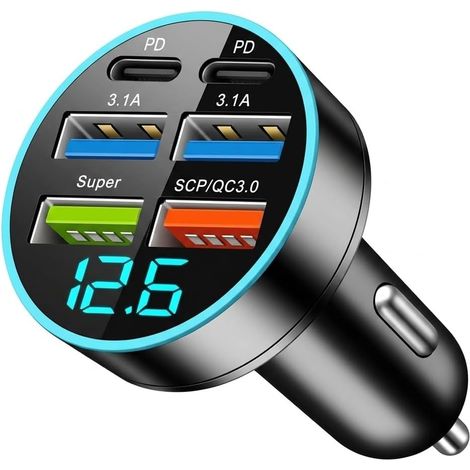 Cargador de Coche 66W, Encendedor Rápido USB C con 6 Puertos [2PD+2USB A 3.1A+1Super+1SCP/QC3.0], Carga Rápida, Voltímetro LED Adaptador de Coche 12V-24V para i-Phone/Samsung/Android/Tablet/GPS (1/5)
