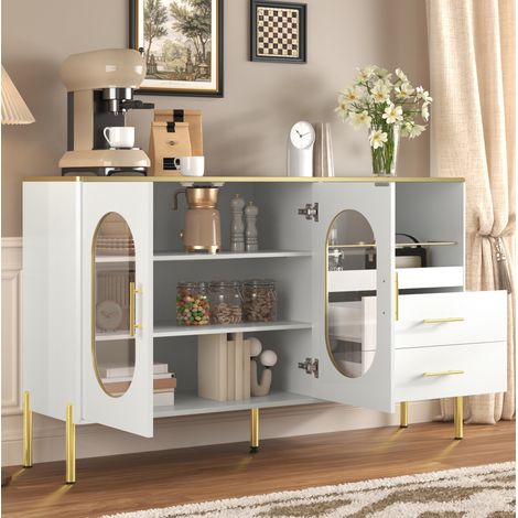 Credenza 140x38x90 cm bianca in MDF con 2 cassetti, 2 ante in vetro e passacavi