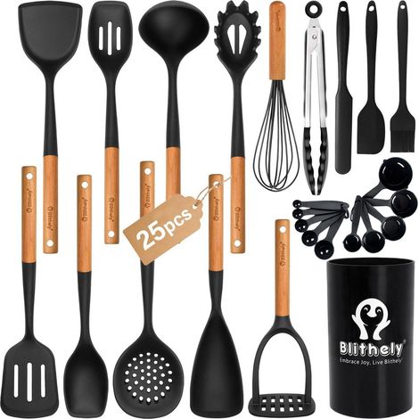 25-teiliges Silikon Küchenutensilien-Set mit Holzgriff und Halter, BPA-frei, hitzebeständig