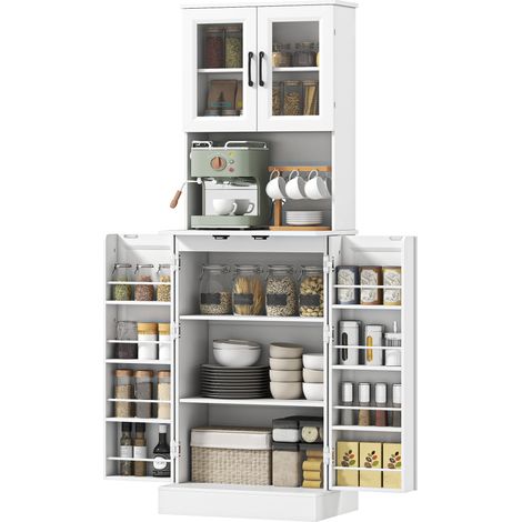 Meuble de cuisine, étagère réglable, plan de travail, portes en acrylique, passe câbles, pour salon, cuisine, salle à manger, MDF, blanc (1/5)