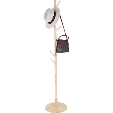 Porte-manteau en bois massif, portant vêtements vertical avec 8 crochets, support manteau et chapeau, couleur bois naturel, meuble dressing pratique. (1/5)