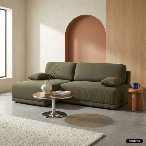 Banquette canapé d'angle gauche convertible 3 places velours côtelé avec coffre - Nelson Velours côtelé Kaki (1/5)