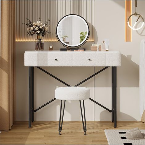 Schminktisch 100x40x120 cm Weiß aus Spanplatte und Metall mit LED-Spiegel, 2 Schubladen und gepolstertem Hocker (1/5)