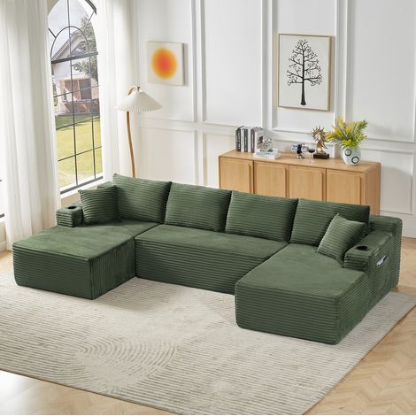 Sofá modular en forma de U para salón, asiento profundo, diseño minimalista, tejido de pana - verde (1/5)
