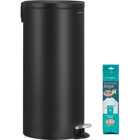 Poubelle 30 L, Rond, avec 15 Sacs Poubelles, Pédales en Métal, Seau Amovible en Plastique, Poignée, Couvercle à Fermeture en Douceur, en Acier, Noir d'Encre LTB031BZ02 (1/5)