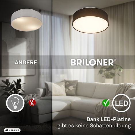 Briloner Plafonnier LED abat-jour en tissu Ø30x10,5 cm rond 16W 1800lm 3 000K blanc chaud noir - Lustre salon chambre cuisine couloir