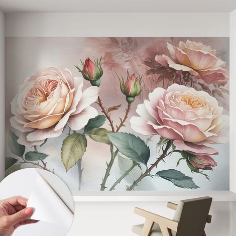 Papier peint adhésif décoratif pour chambre et salon Design moderne à poser facilement Roses pastel 152x104 cm (1/5)