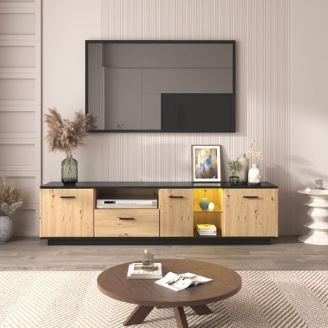 LIBERTÉ Meuble TV en bois et verre, meuble bas, structure fine. Couleurs bois et noir et naturel. 15 lumières LED variables (1/5)