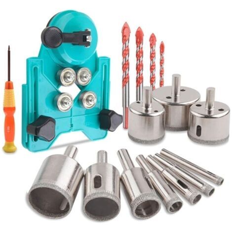 Ensemble de forets diamantés, kit de scie cloche avec 10 pièces de scie cloche 6-50 mm, localisateur de trou de forage, 4 pièces de perceuse à verre pour céramique, verre, carrelage, porcelaine-Bleu (1/5)