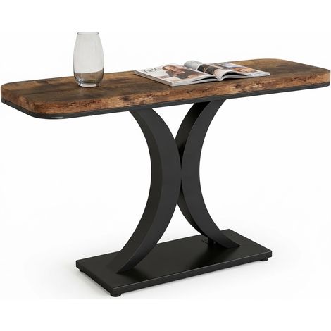 ELVMI Tavolo Consolle con Piano Arrotondato e Base Geometrica, per Ingresso, Nero e Marrone Rustico, 100 x 29.5 cm (1/5)