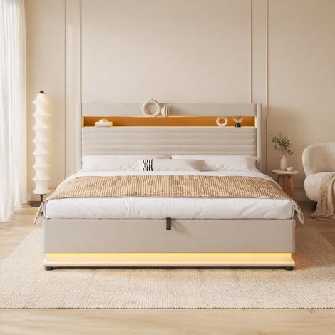 Lit adulte 180x200 cm en tissu et bois beige, gain de place pour chambre, sans matelas FloraGrace (1/5)