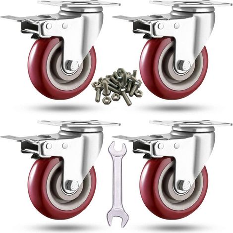 3 Inch Heavy Duty Casters 2000lb Load, Locking Tread Plate Casters with Brakes, 360 Degree Swivel Casters for Furniture and Workbench Cart, 4 Pack (Free Screws and a Wrench)