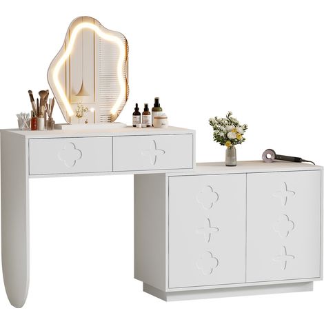 Tocador blanco con espejo LED, 2 cajones y armario con 4 compartimentos, 160 x 40 x 132 cm, HOMVRA (1/5)