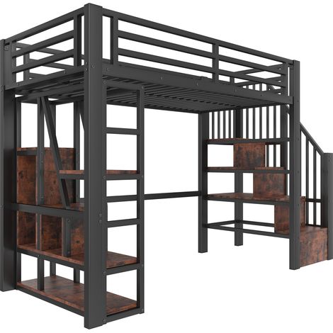 Letto a soppalco 90 x 200 cm in metallo e MDF nero con LED, vani integrati, scala e sponde (1/5)