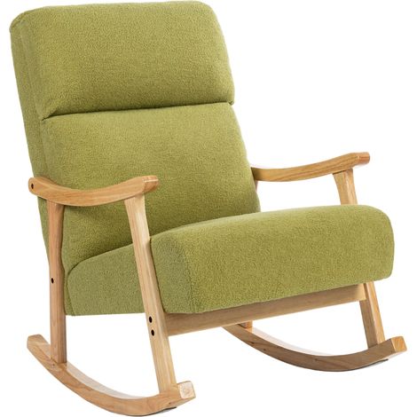 HOMCOM silla mecedora moderna, mecedora con patas y reposabrazos de madera de caucho, respaldo alto, carga 120 kg, verde claro